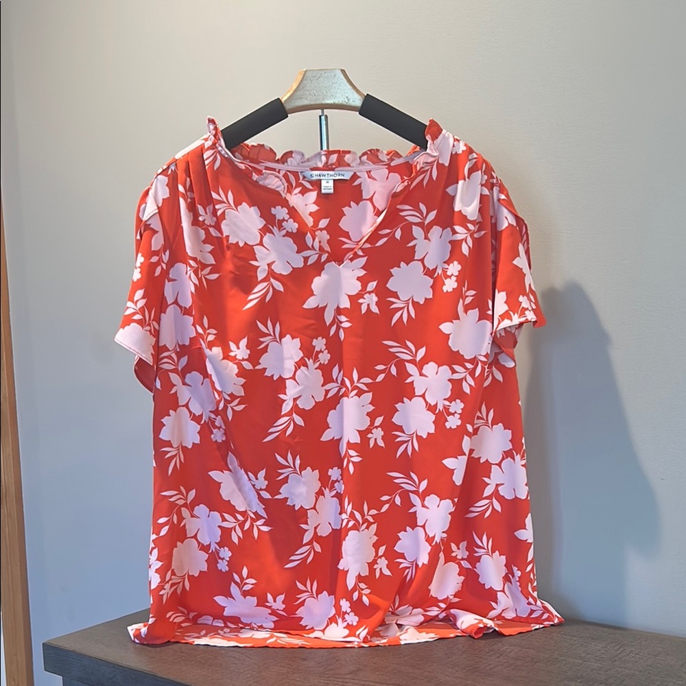 41 Hawthorn Orange and Pink Boxy Blouse with Mandarin Collar